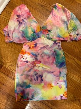 Aidan Mattox Floral Watercolor V-Neck Mini Dress in Multicolor size 2